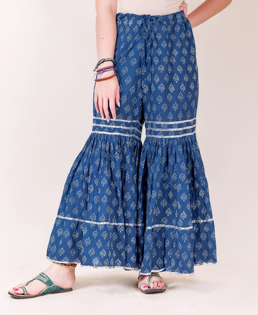 Indigo and White Block Printed Sharara