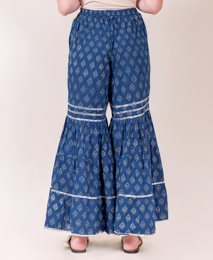 Indigo and White Block Printed Sharara