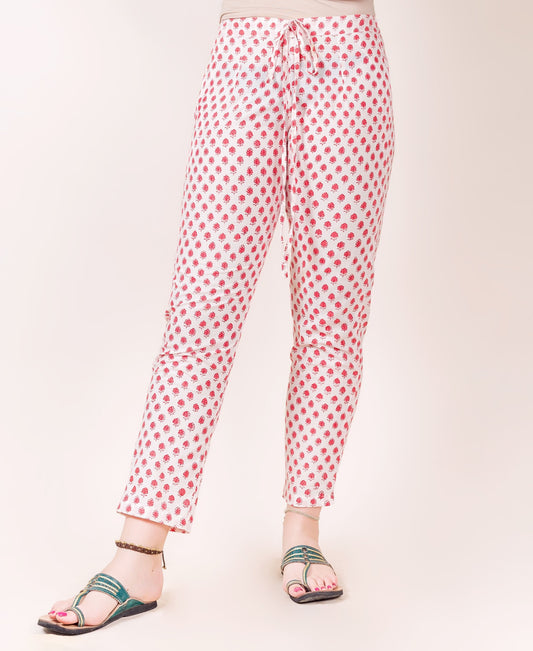 White and Red Block Printed Straight Pants