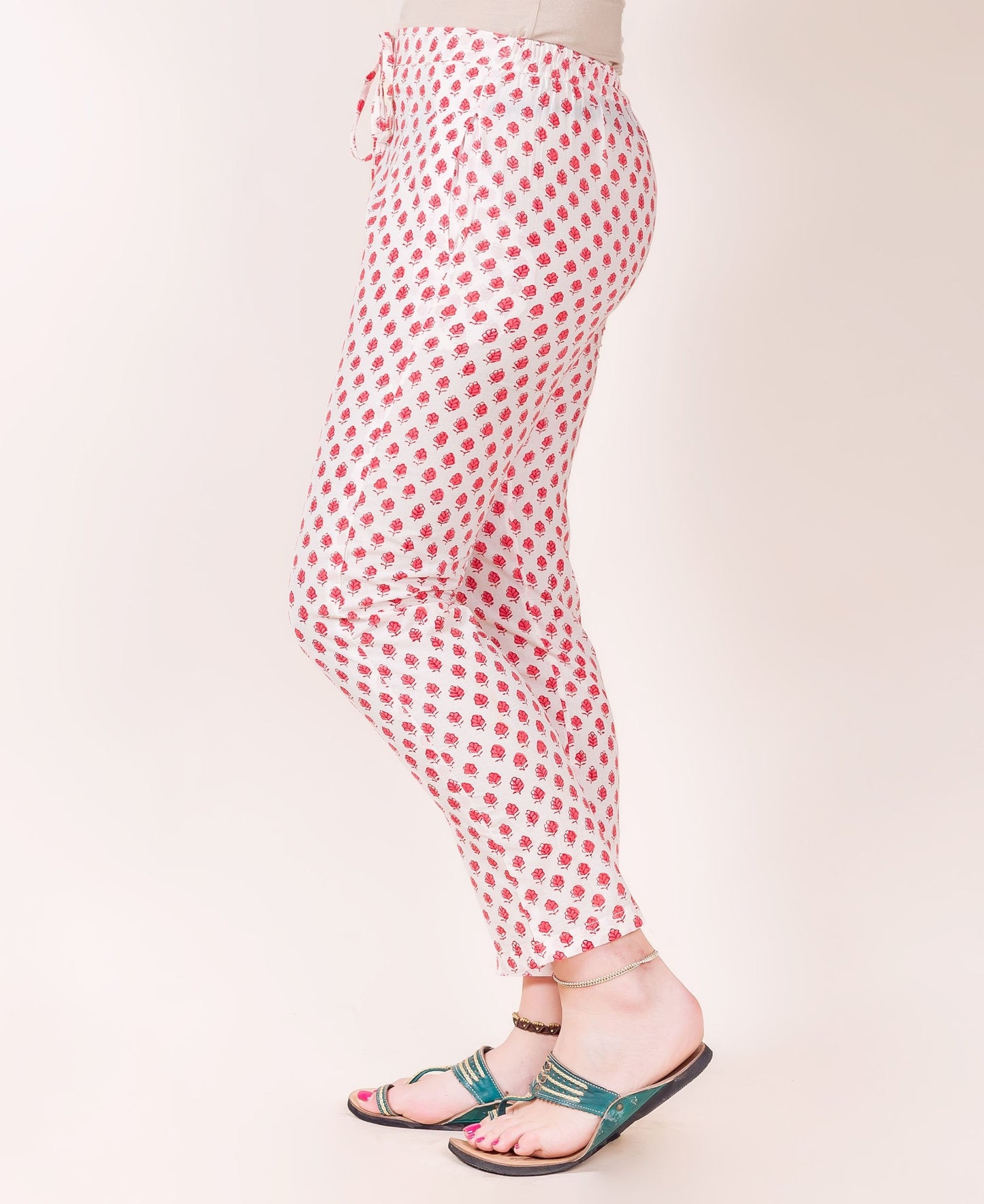 White and Red Block Printed Straight Pants