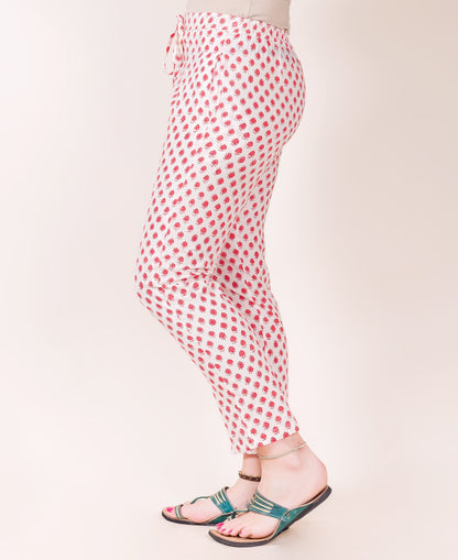 White and Red Block Printed Straight Pants