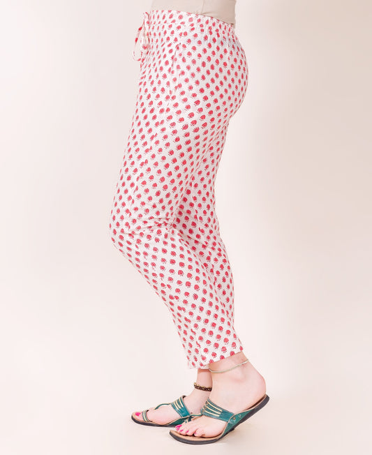 White and Red Block Printed Straight Pants