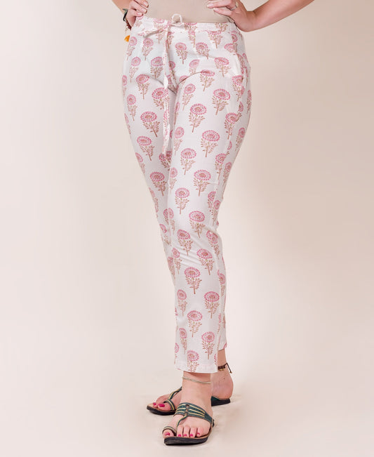 White and Pink Block Printed Straight Pants