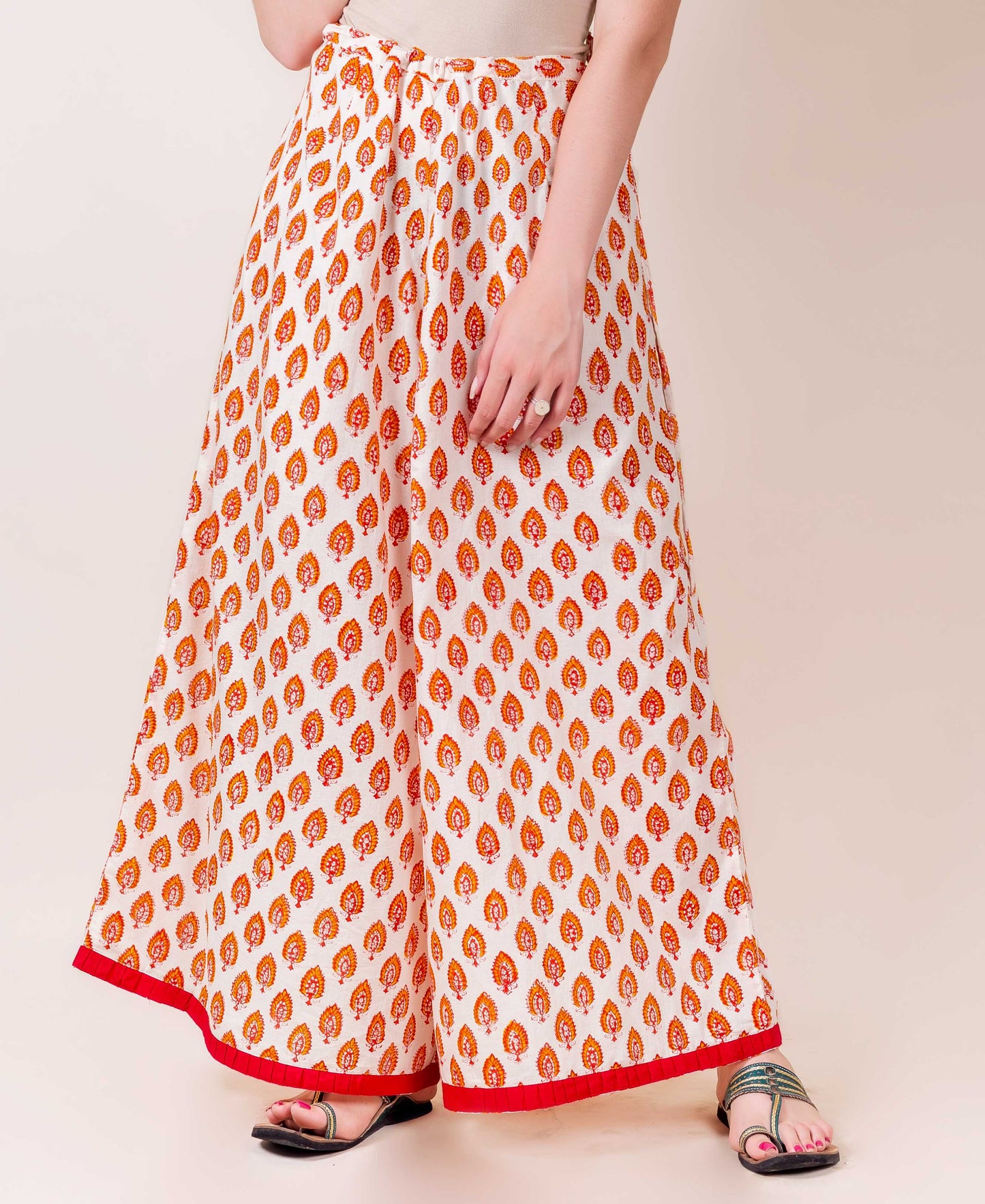 Beige and Red Hand Block Printed Flared Palazzo