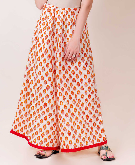 Beige and Red Hand Block Printed Flared Palazzo