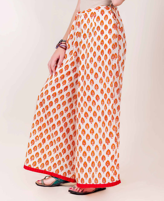 Beige and Red Hand Block Printed Flared Palazzo