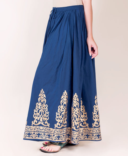 Indigo and Gold Hand Block Printed Skirt