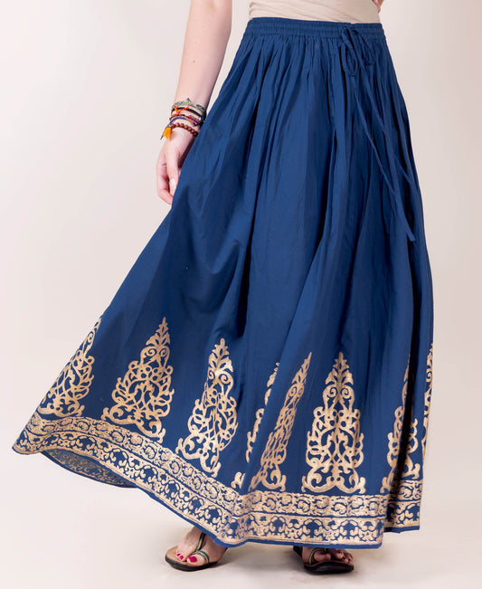 Indigo and Gold Hand Block Printed Skirt