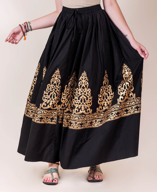 Black and Gold Hand Block Printed Skirt
