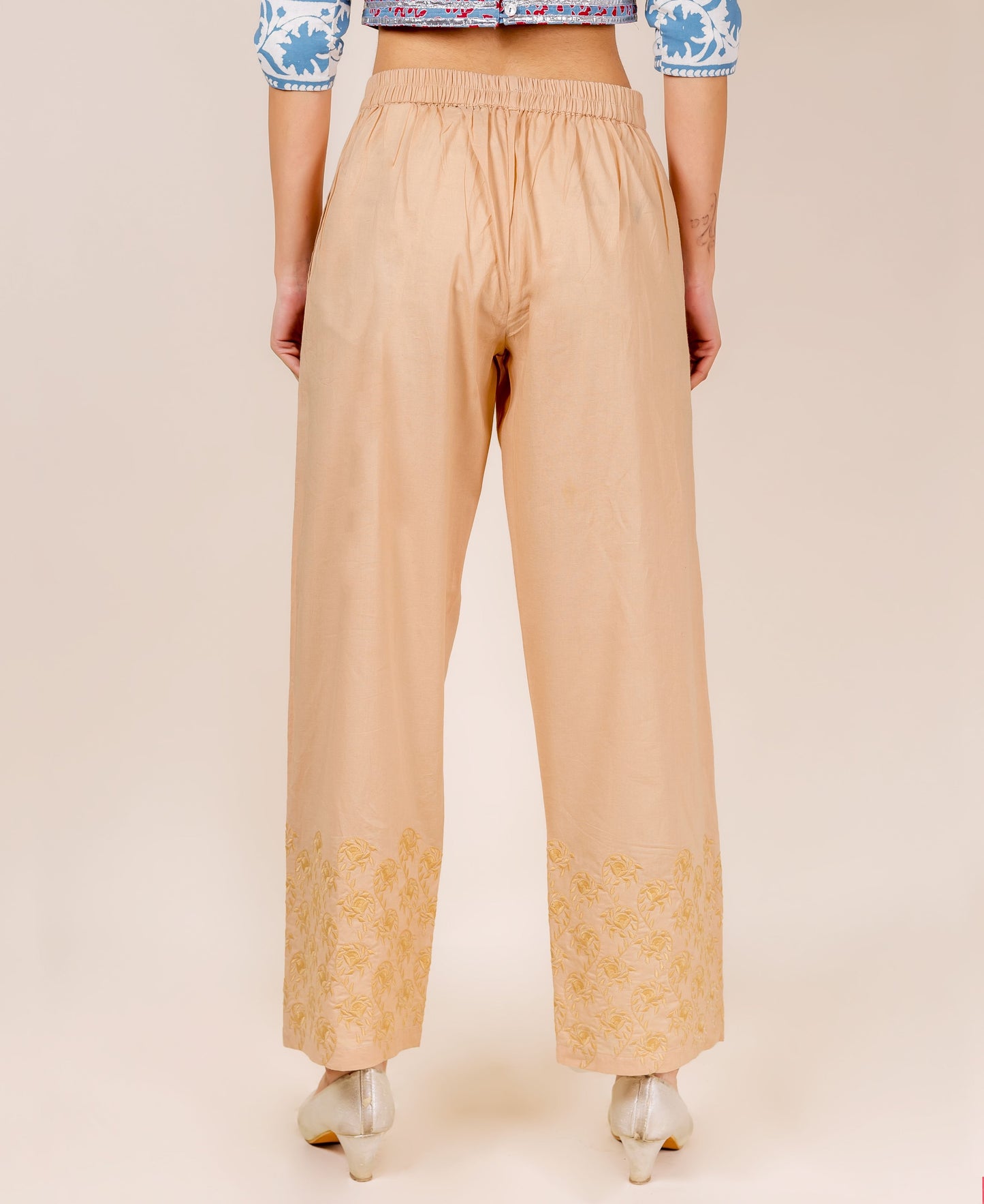 Beige Embroidered Solid Palazzo Pants