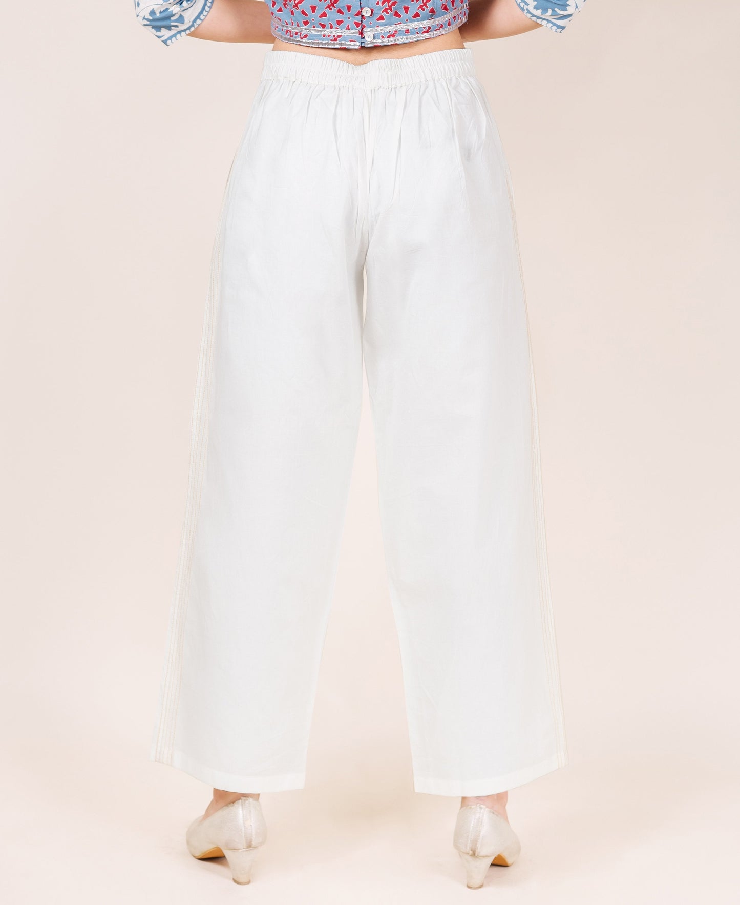 White Embroidered Solid Palazzo Pants