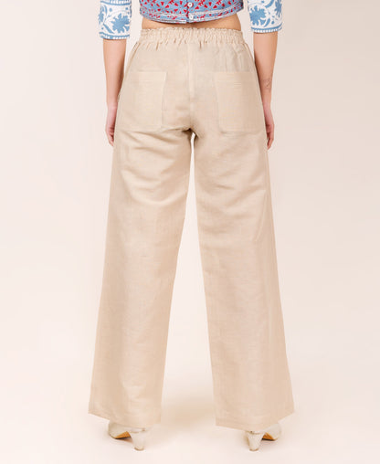 Beige Linen Solid Pants