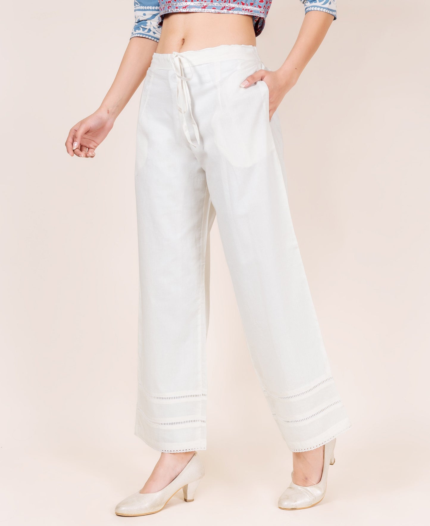 Lacy White Solid Palazzo Pants