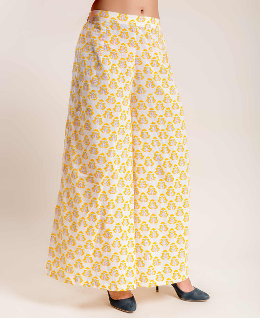 Yellow and White Block Printed Flared Palazzo