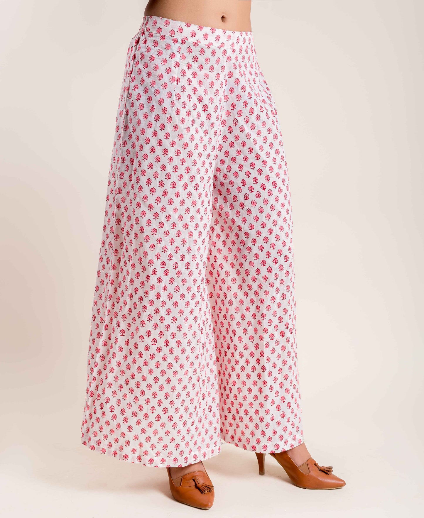Pink and White Hand Block Printed Flared Palazzo