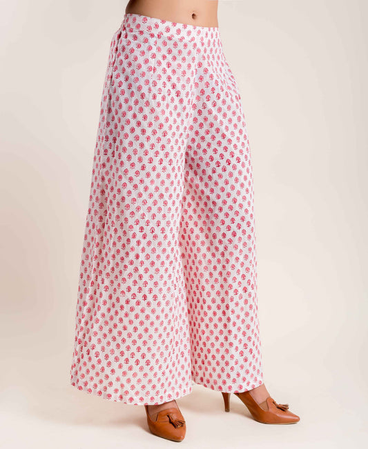 Pink and White Hand Block Printed Flared Palazzo