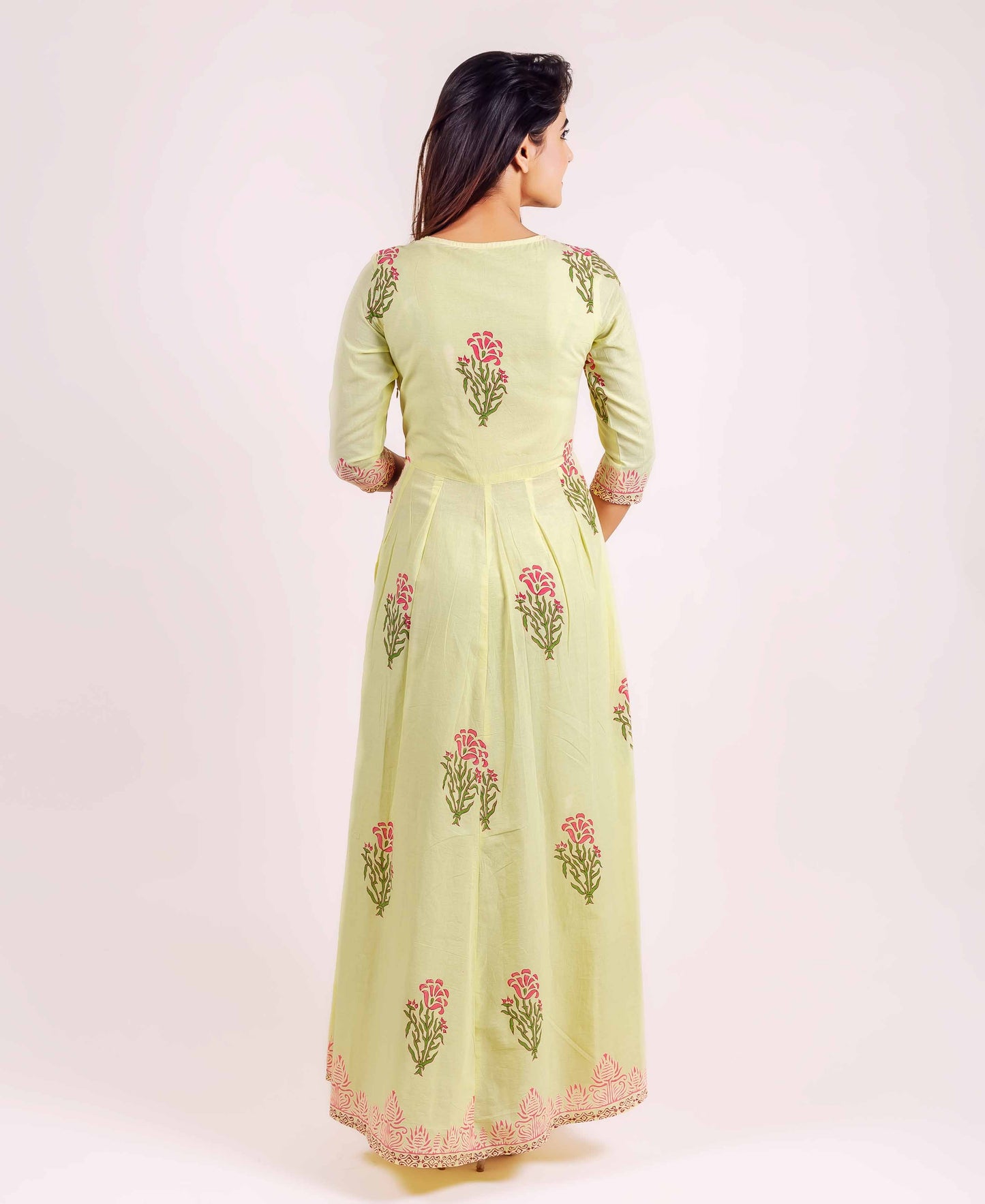 Lime Hand Block Printed Floor Length Dress