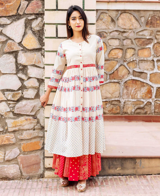 Beige and Red Block Printed Double Layered Dress