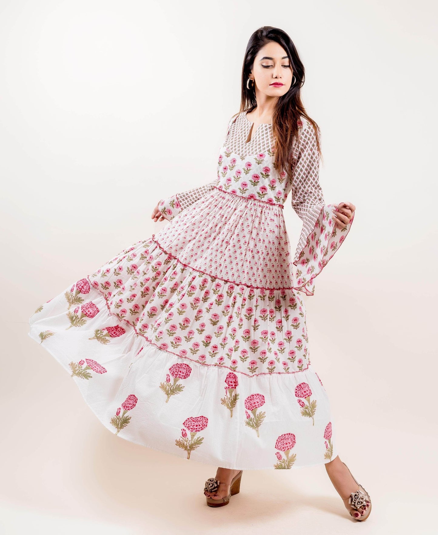 Bell Sleeved Block Print Cotton Tiered Long Dress