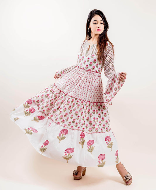 Bell Sleeved Block Print Cotton Tiered Long Dress