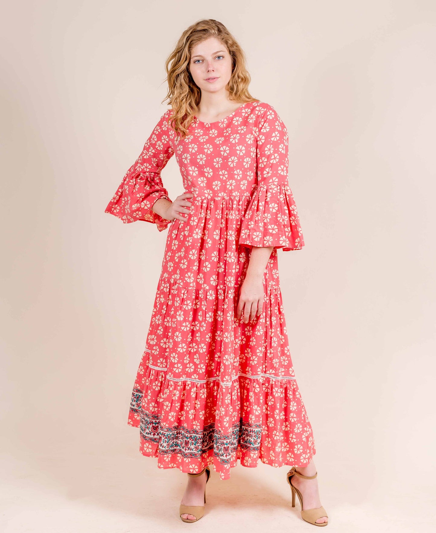 Bell Sleeves Hand Block Printed Coral Flared Indo Western Gowns