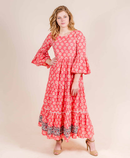Bell Sleeves Hand Block Printed Coral Flared Indo Western Gowns