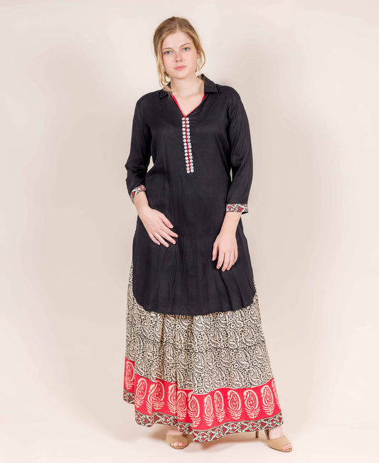 Black Full Collars Shirt Style Kurti with Skirt