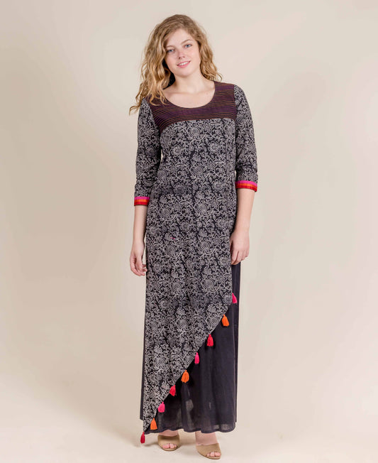 Black Hand Block Printed Dress with Tassels