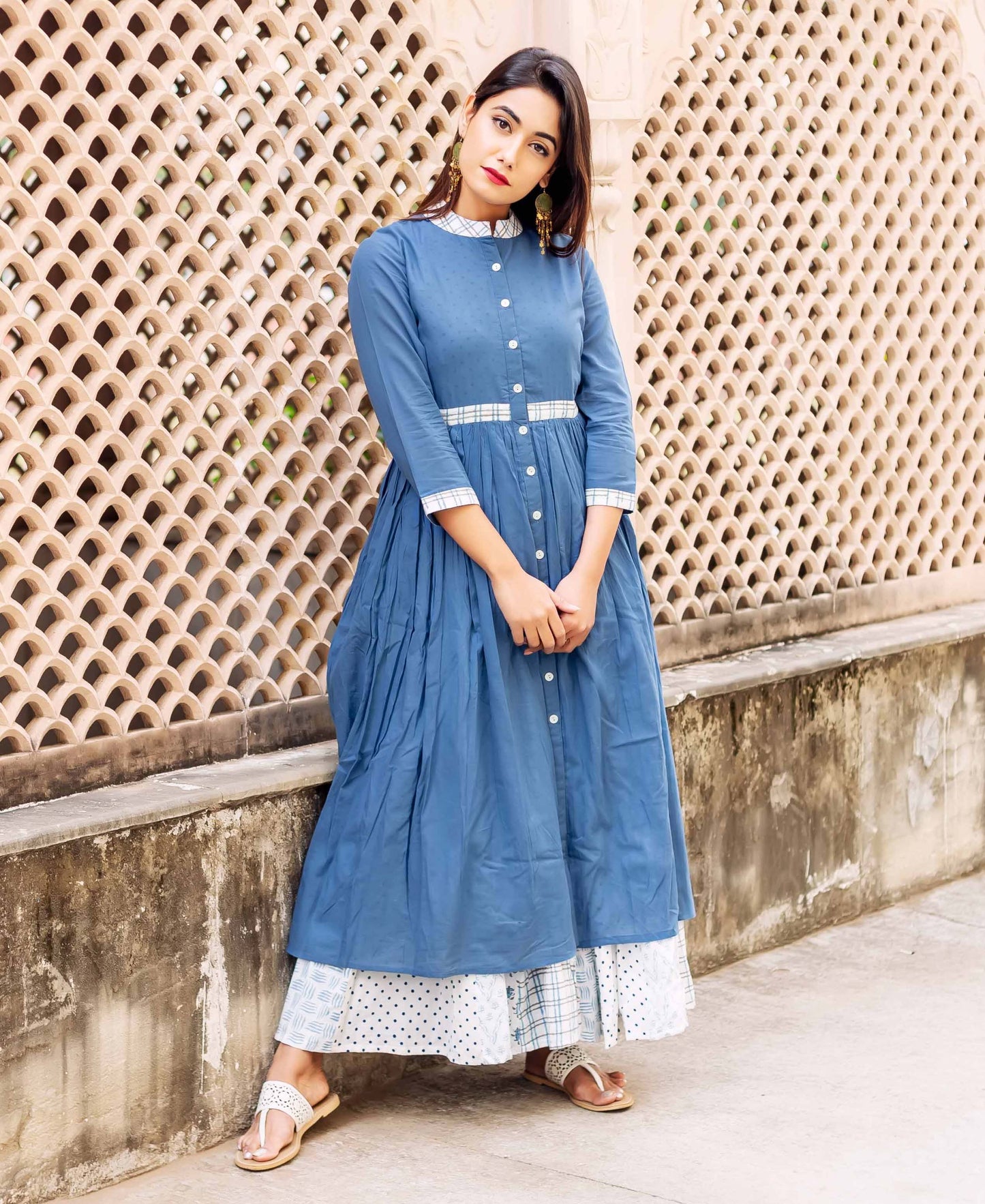 Blue and White Button Down Floor Length Dress