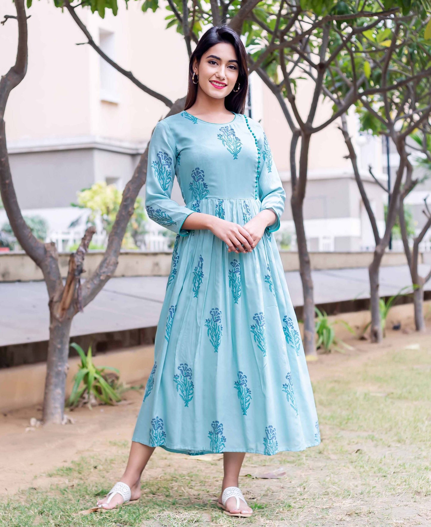 Blue Calf Length Flared Block Printed Dress