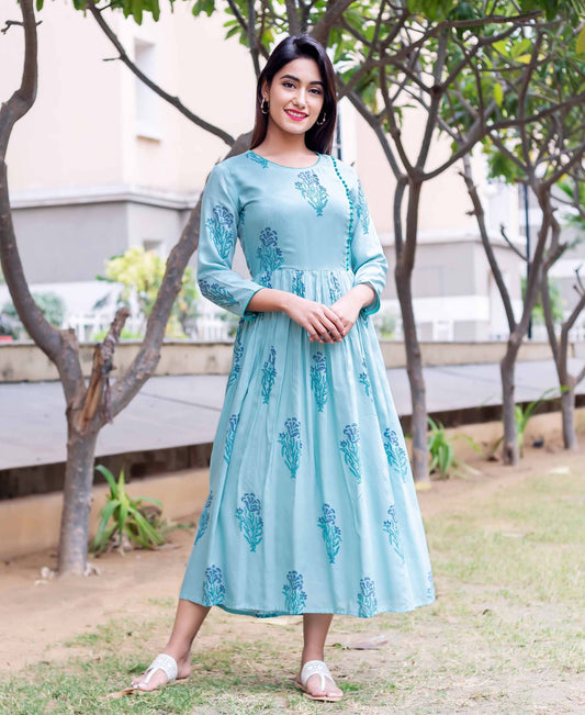 Blue Calf Length Flared Block Printed Dress