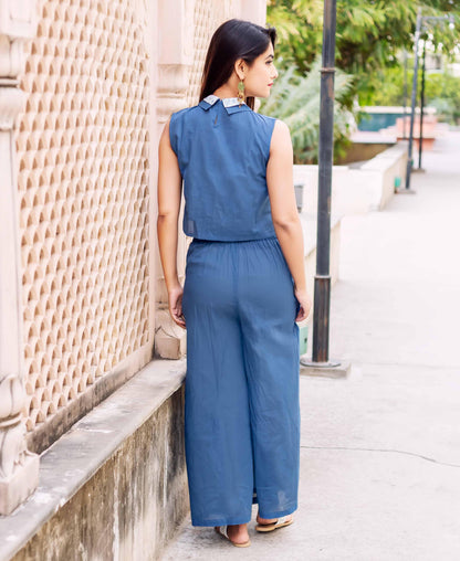 Solid Blue Crop Top with Box Pleated Palazzo