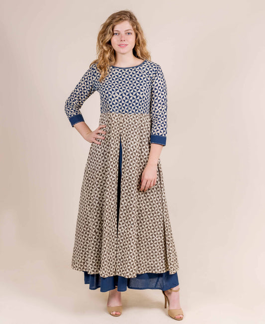 Blue and Beige Hand Block  Printed Indo-Western Long  Dress
