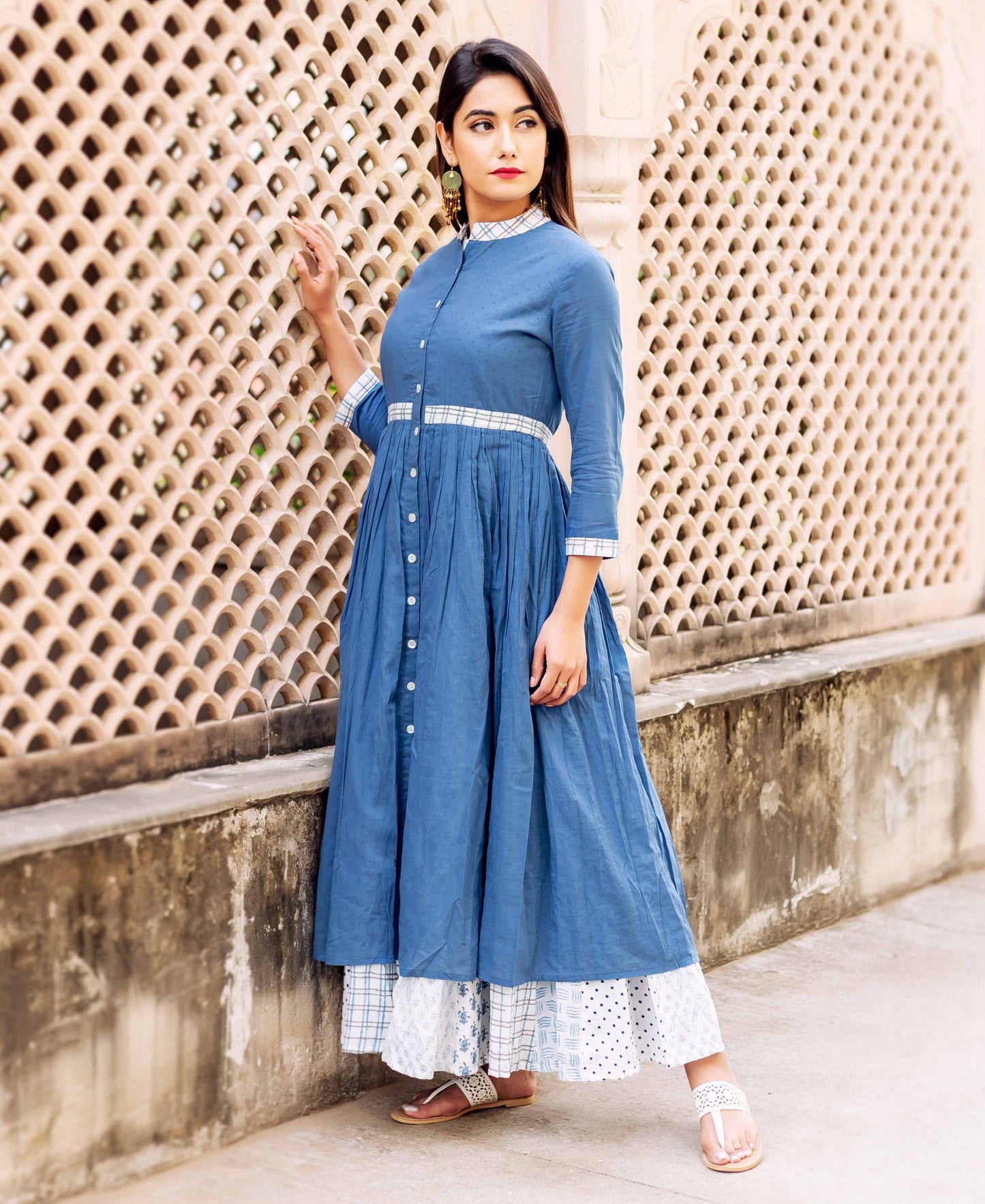 Blue and White Button Down Floor Length Dress