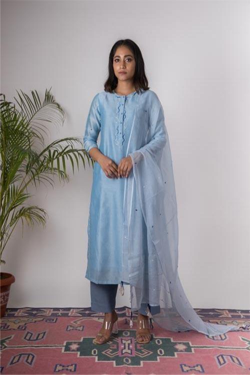 Bluebell'Hand Embroidered Steel blue chanderi kurta . 2pc set (kurta and dupatta)