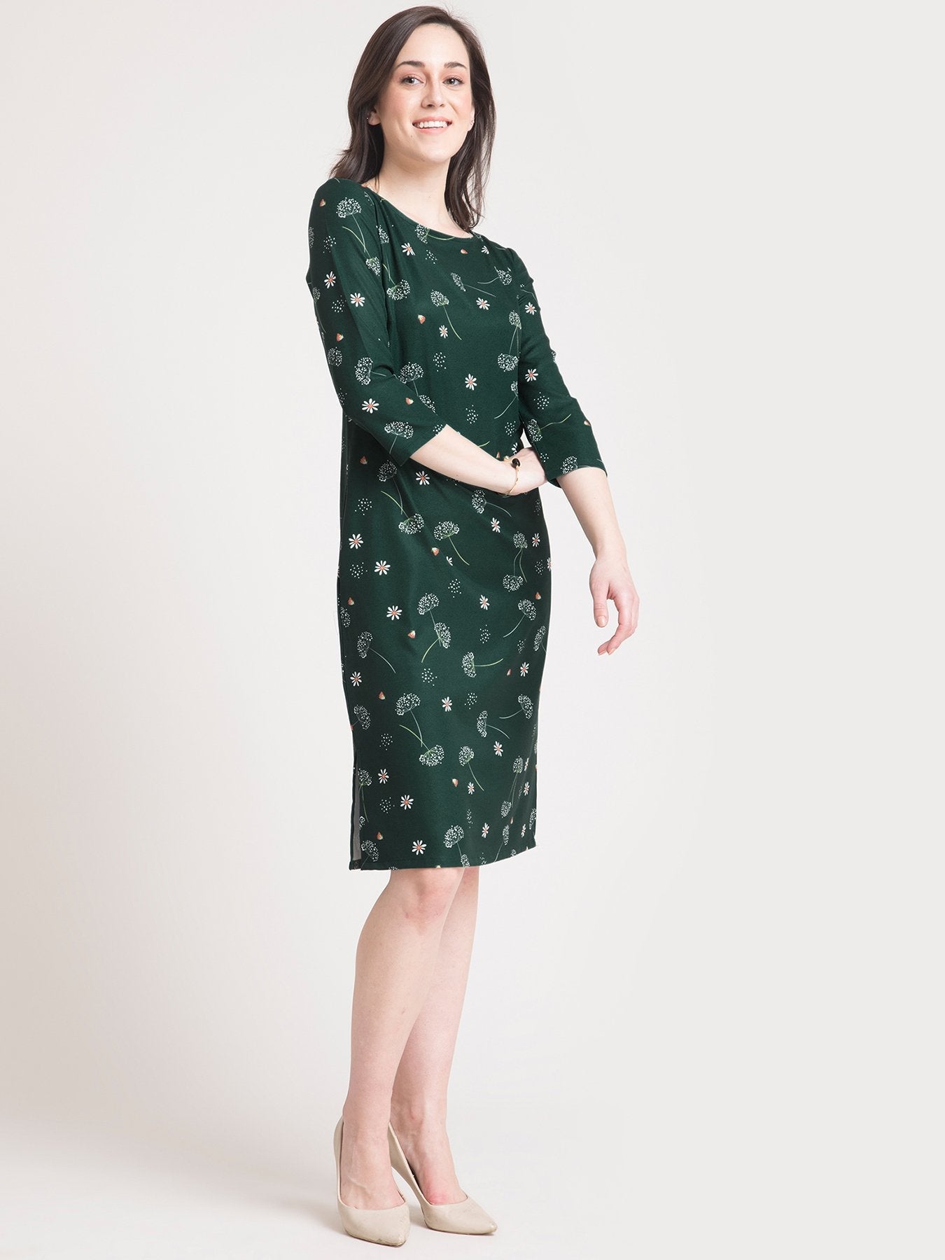 Boat Neck Ditsy Floral Shift Dress - Green and White