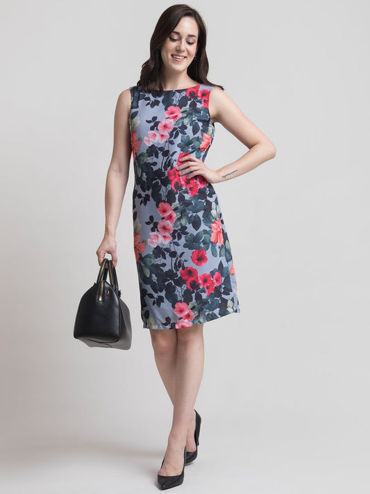 Boat Neck Floral Shift Dress - Grey and Red