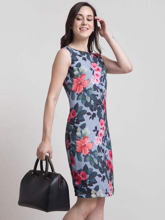 Boat Neck Floral Shift Dress - Grey and Red
