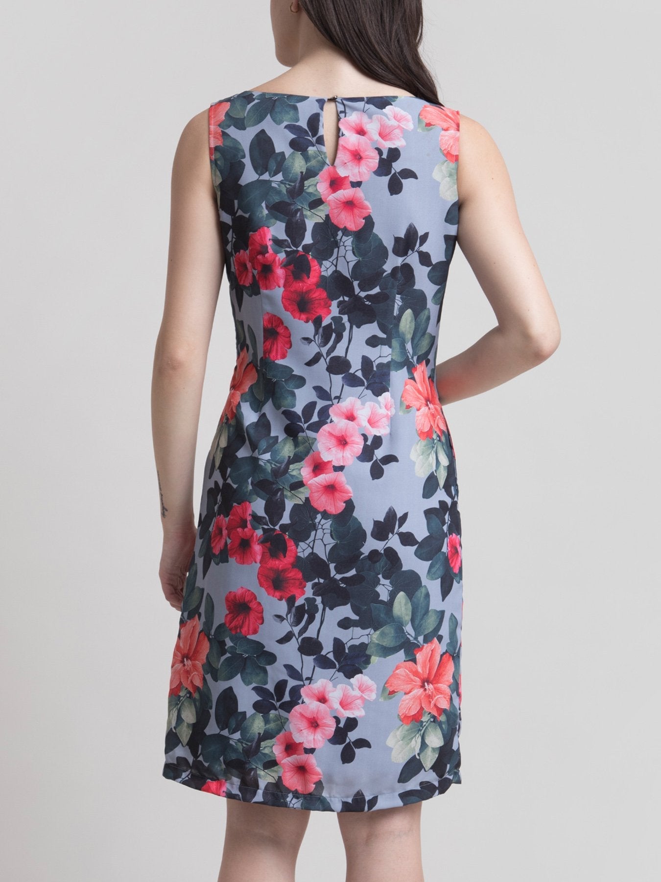 Boat Neck Floral Shift Dress - Grey and Red