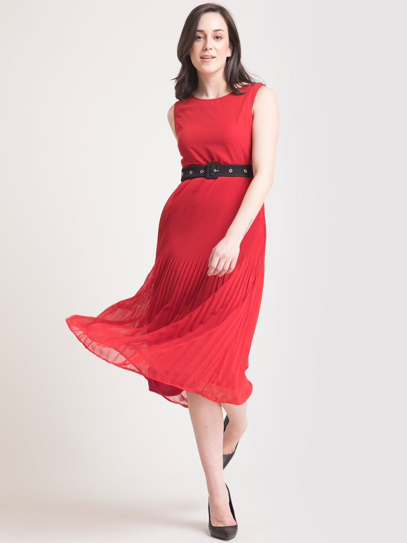 Boat Neck Pleated A Line Dress - Red