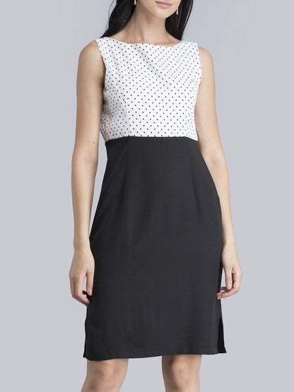 Boat Neck Polka Dot Dress - Black and White