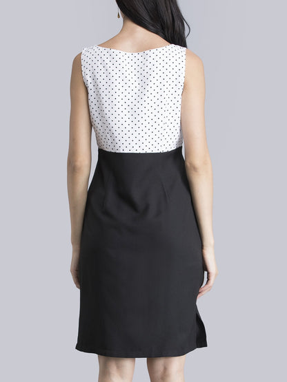 Boat Neck Polka Dot Dress - Black and White