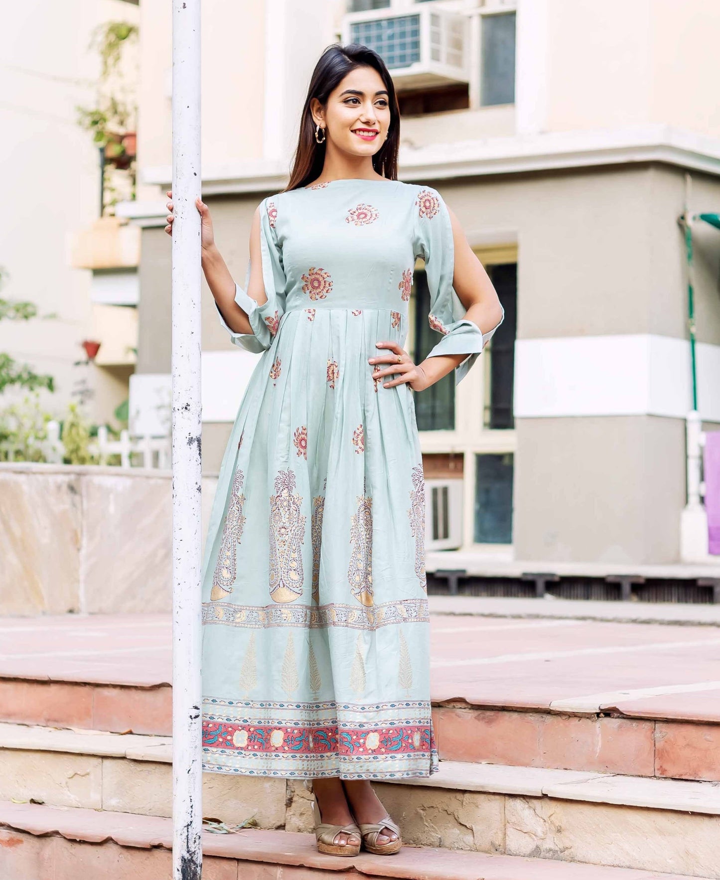 Boat Neck Long Dress with Designer Sleeves
