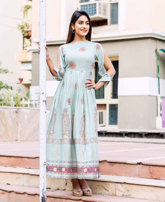 Boat Neck Long Dress with Designer Sleeves