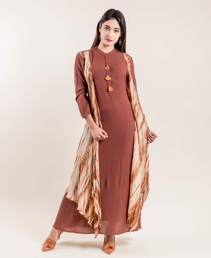 Solid Brown Indo Western Gown with Attached Tie & Dye Shrug