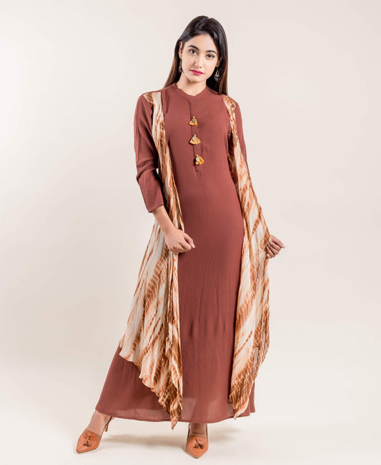 Solid Brown Indo Western Gown with Attached Tie & Dye Shrug