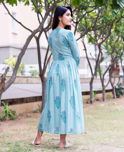 Blue Calf Length Flared Block Printed Dress