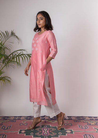 Carnation'Hand Embroidered carnation chanderi kurta . 2pc set (kurta and dupatta)