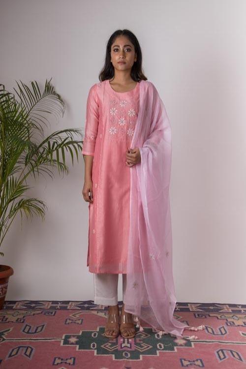 Carnation'Hand Embroidered carnation chanderi kurta . 2pc set (kurta and dupatta)