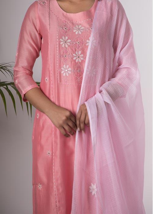 Carnation'Hand Embroidered carnation chanderi kurta . 2pc set (kurta and dupatta)